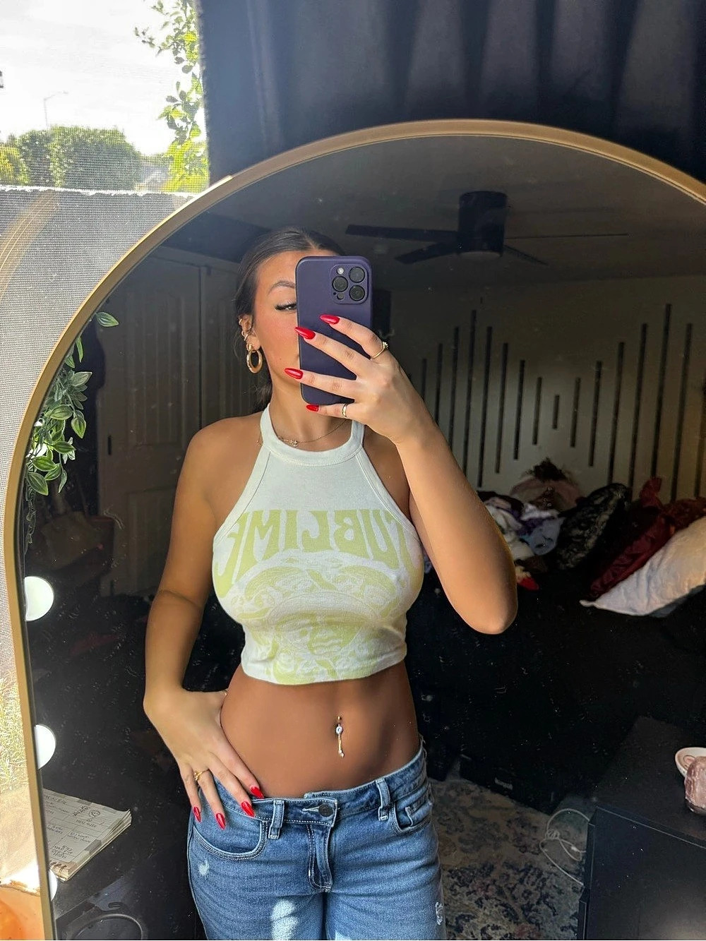 American Eagle AE Ribbed + Tee Green & White Crop Top Size Medium